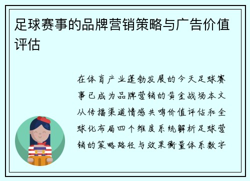 足球赛事的品牌营销策略与广告价值评估