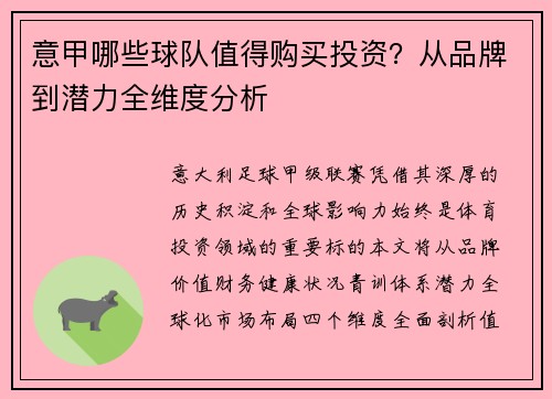 意甲哪些球队值得购买投资？从品牌到潜力全维度分析